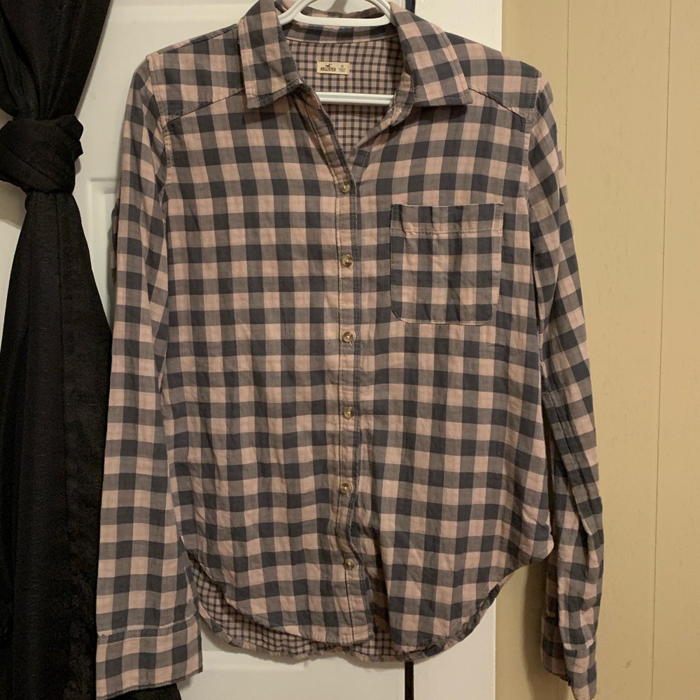 Hollister pink and grey plaid flannel